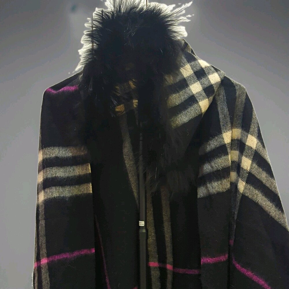 Charm Furs New York Women's Plaid Knit Scarf Genuine Fur Trim Black Beige Gray